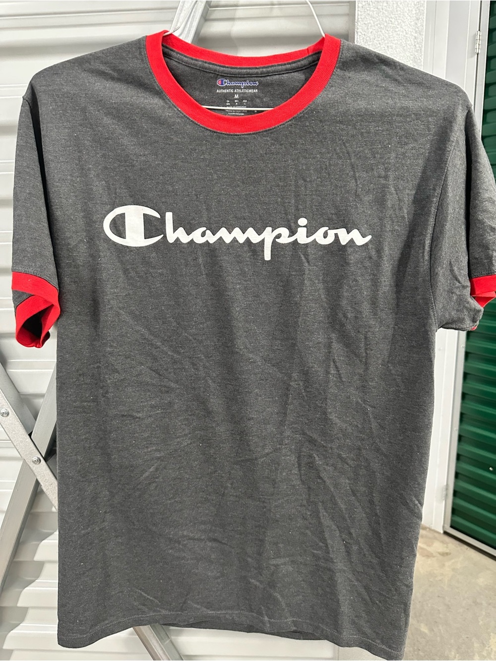 Champion Charcoal Gray T-Shirt with Red Ringer Trim